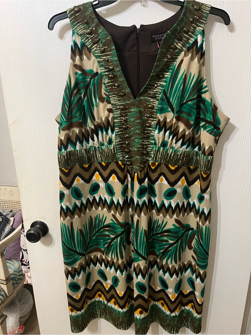Signature by Robbie Bee Green and Brown Tropical Print Dress